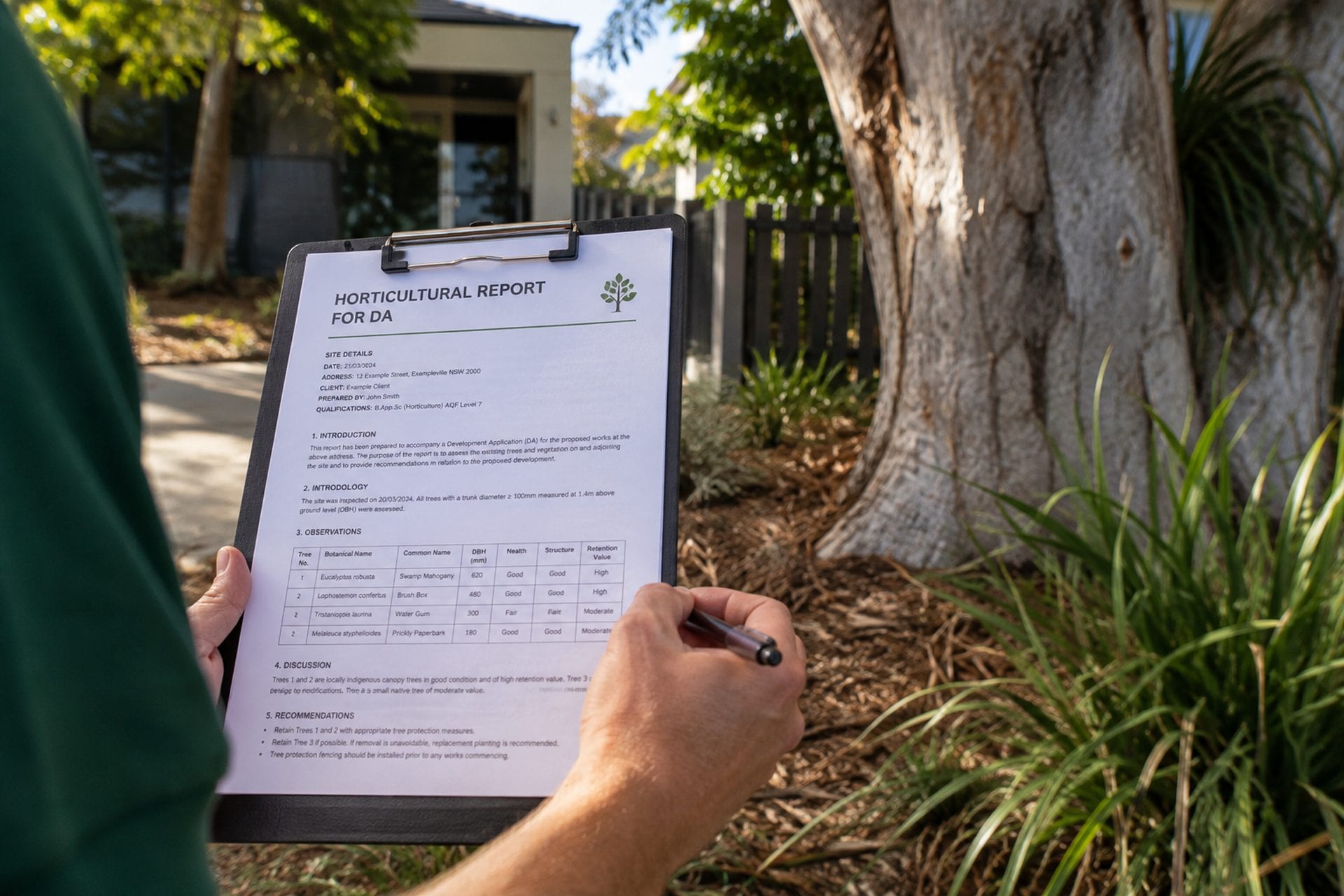 Horticulturist assessing a mature tree with a clipboard