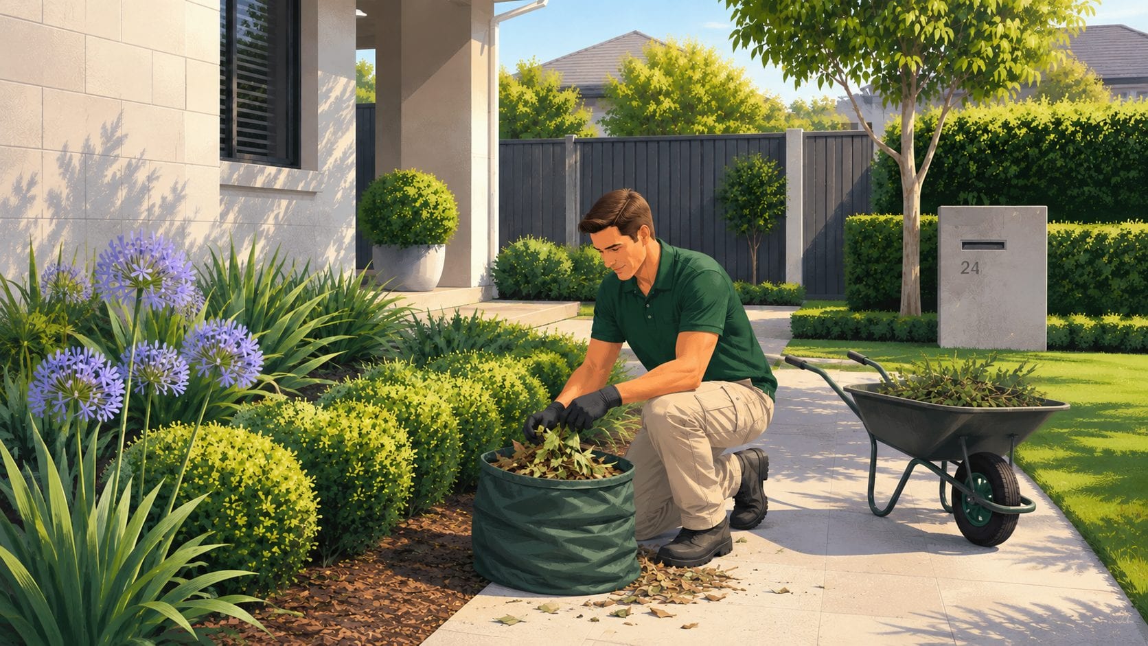 A Hort Culture horticulturist in uniform clearing clippings from a front garden bed into a green waste bag, with a barrow on the path.