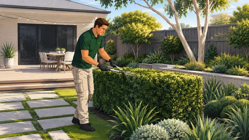 A Hort Culture horticulturist in uniform shaping a low hedge with shears beside a timber deck