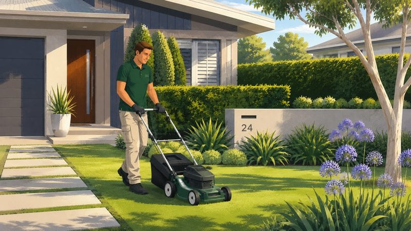 A Hort Culture horticulturist in uniform mowing a front lawn beside agapanthus and a clipped hedge.